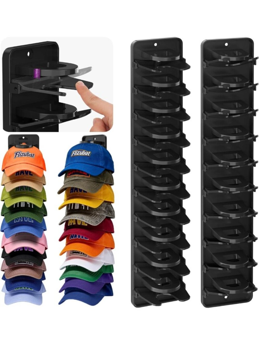 2 Pack Wall Mounted Hat Rack - Unique Clip Design, Holds 20 Caps, Ideal for